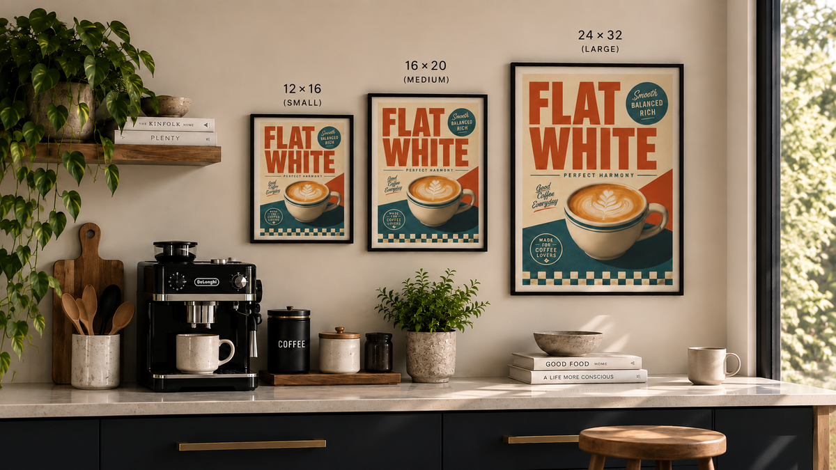 Flat White wall art shown in different sizes above a home coffee station