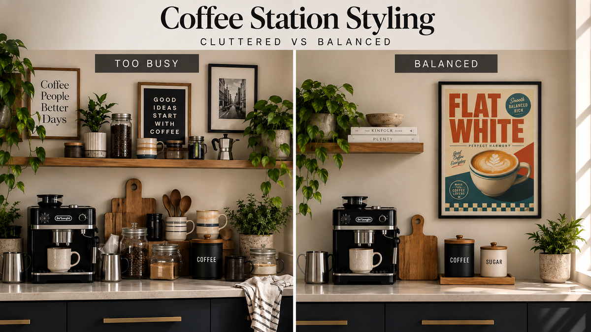 Cluttered and balanced coffee station styling comparison with framed wall art