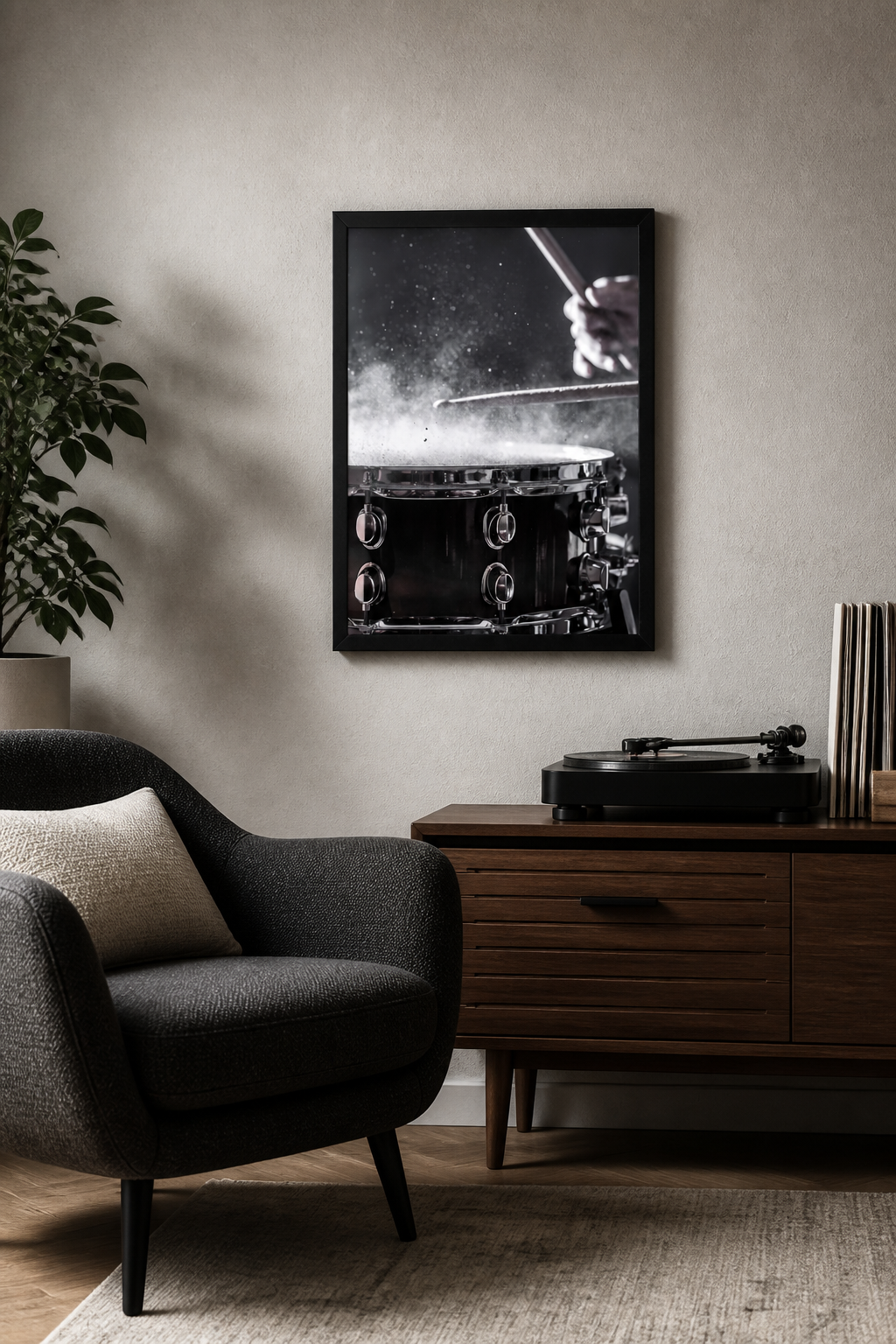 Black and White Drum Music Wall Art Framed Print 12x16