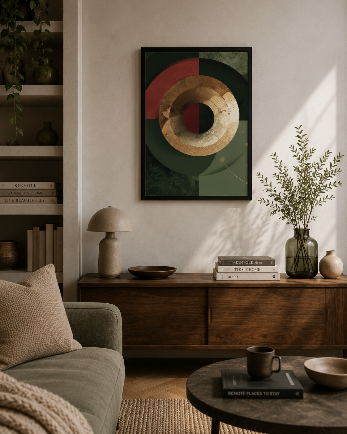 Geometric Circle Wall Art | Abstract Green and Gold Print