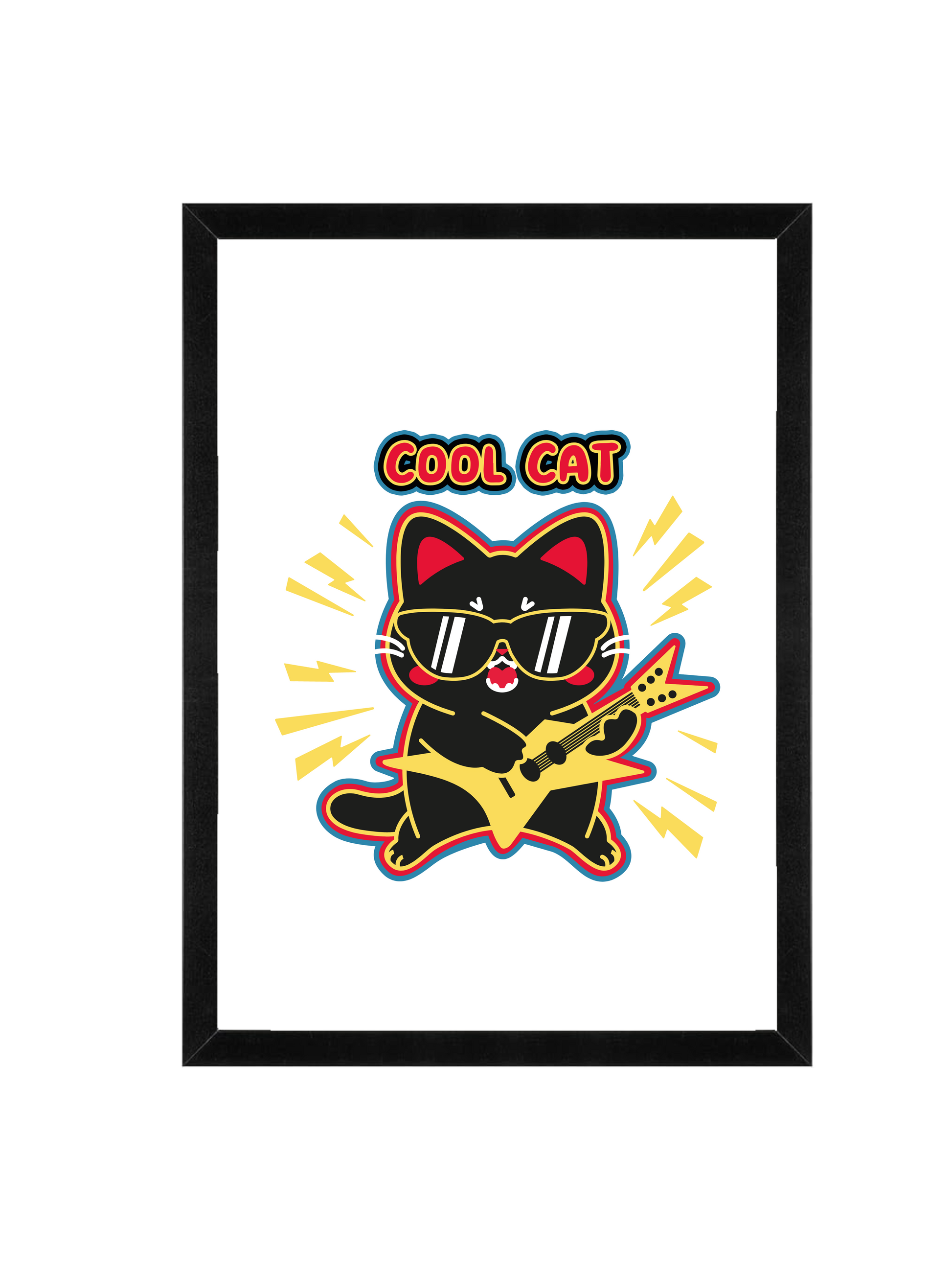 Framed artwork of a cool cat playing guitar with 'Cool Cat' text on a white background