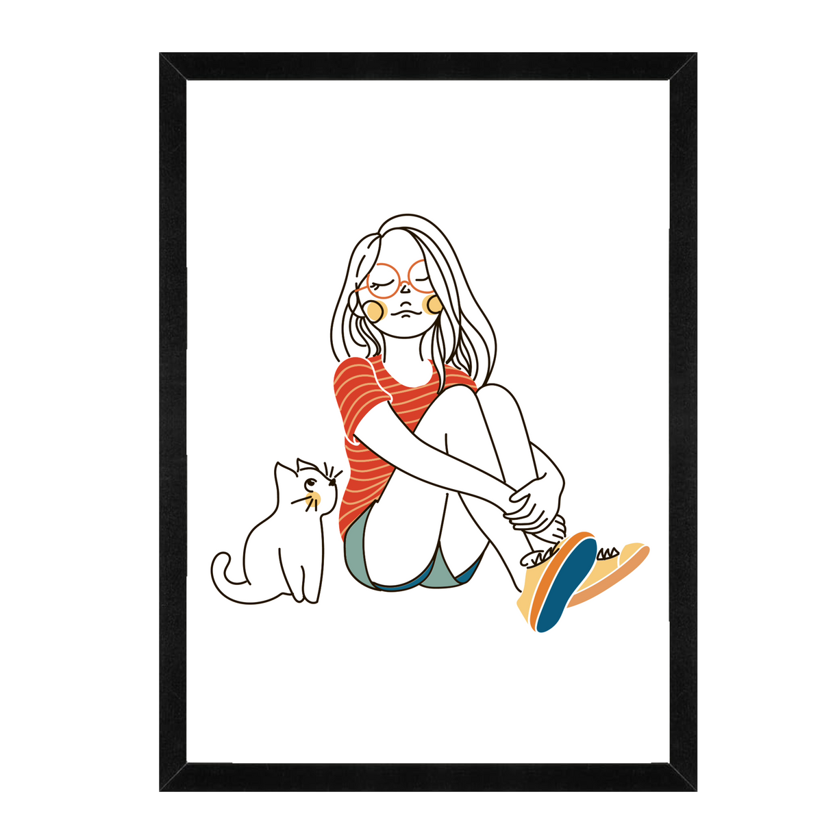 Minimalist Girl and Cat Wall Art | Calm Line Sketch Framed Matte Print 12x16