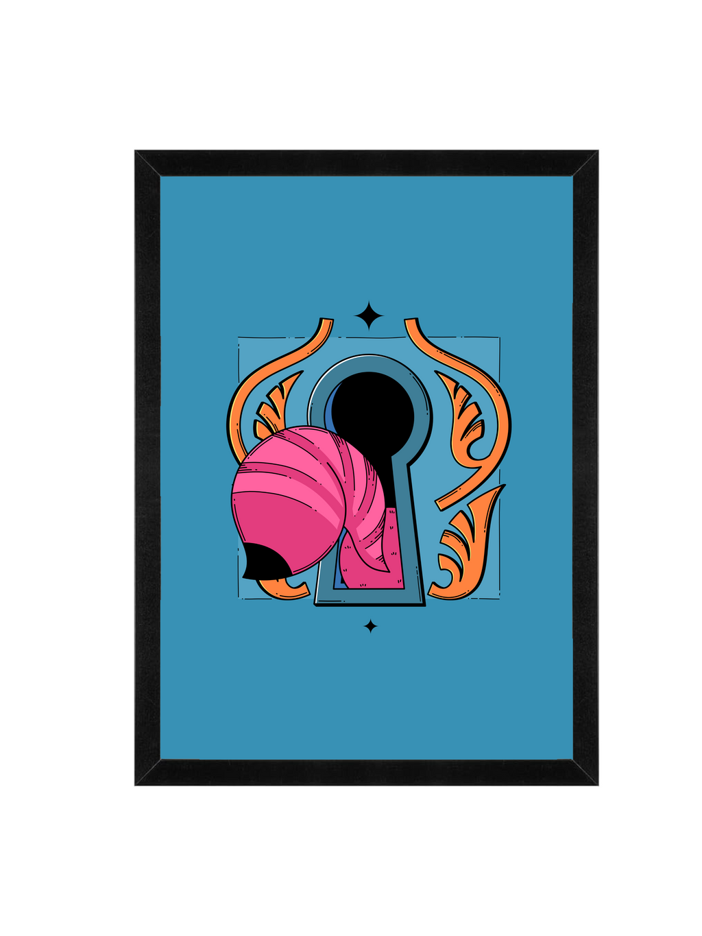 Curious Cat Wall Art | Keyhole Cat Tail Illustration Framed Matte Print 12x16