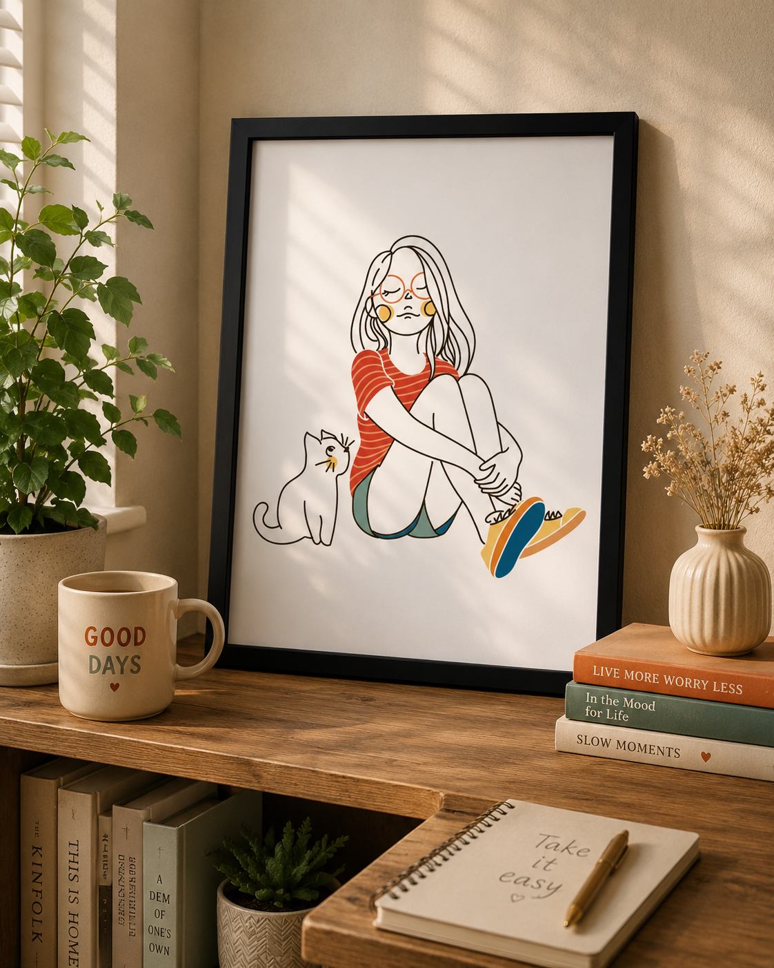 Minimalist Girl and Cat Wall Art | Calm Line Sketch Framed Matte Print 12x16