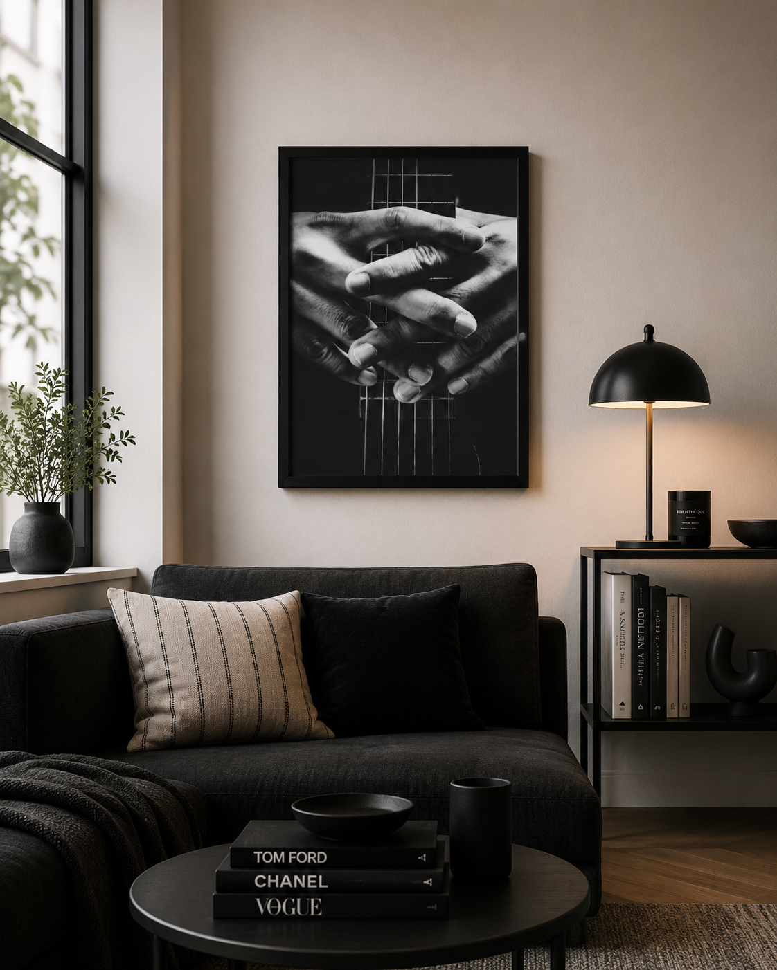 Black & White Guitar Hands Wall Art | Music Photography Framed Print 12x16