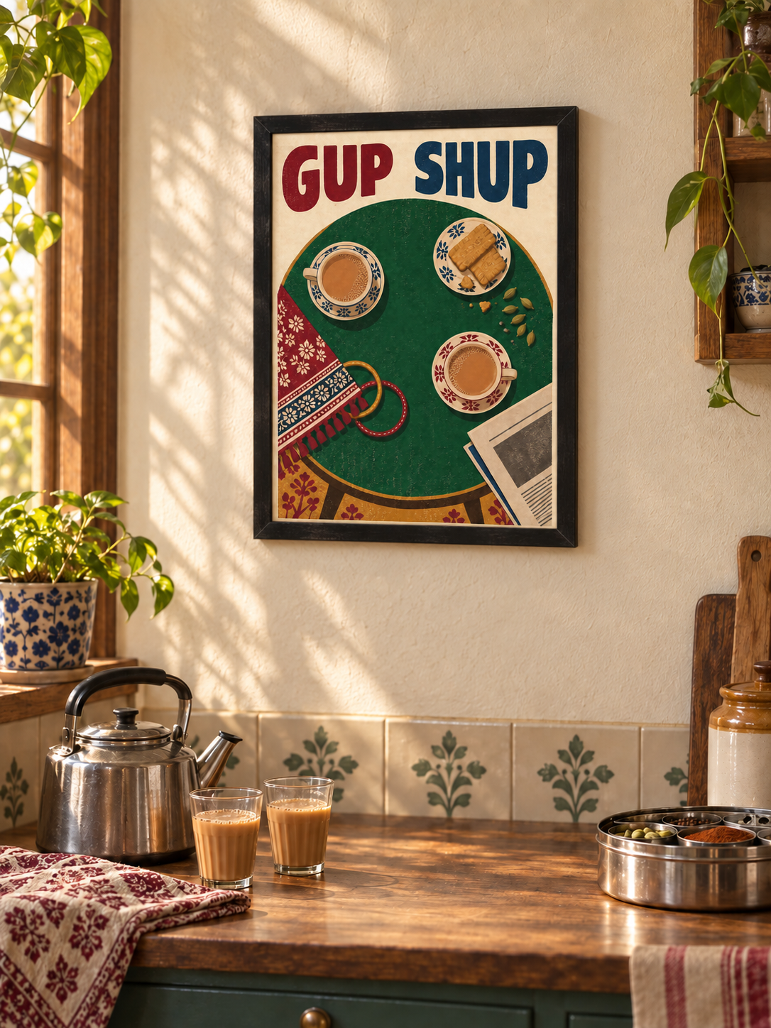Gup Shup South Asian Framed Wall Art | Chai Conversation Print 30 × 40 cm