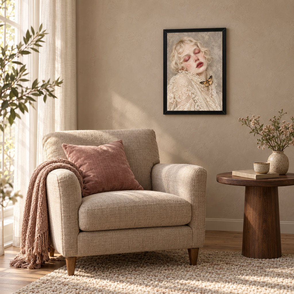 Surreal Woman & Moth Wall Art | Dreamlike Portrait Print (12x16)
