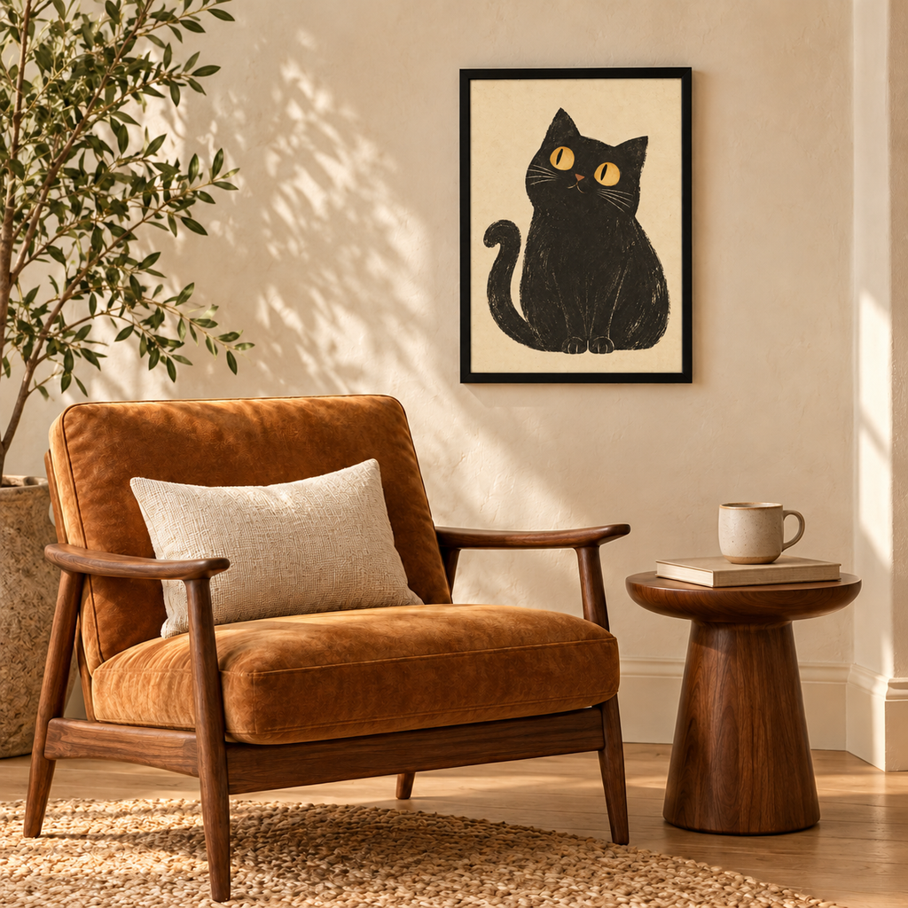 Black Cat Wall Art | Curious Cat Framed Print (12x16)