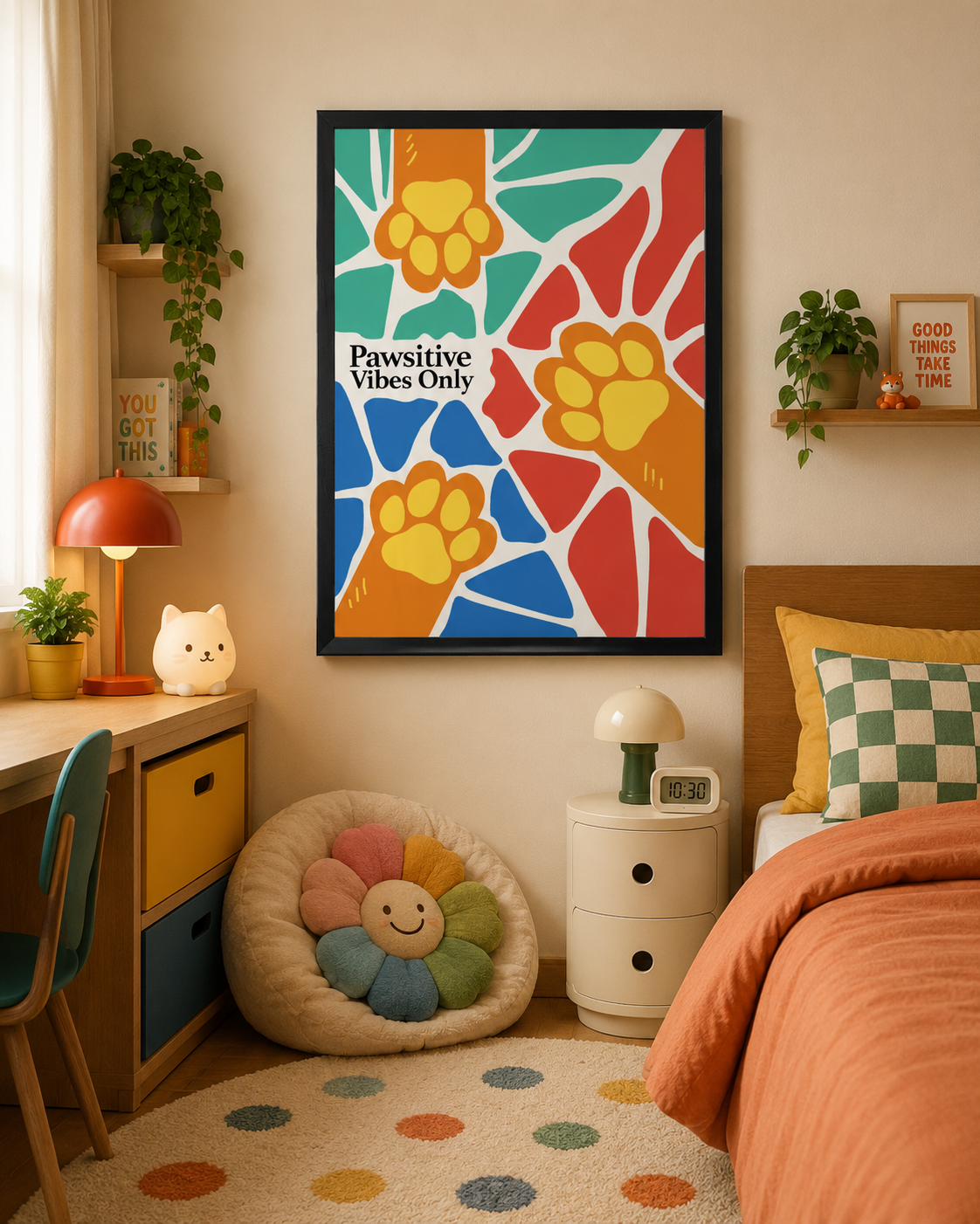 Pawsitive Vibes Only Framed Wall Art 12 x 16 in (30 x 40 cm) Colourful Paw Print Quote