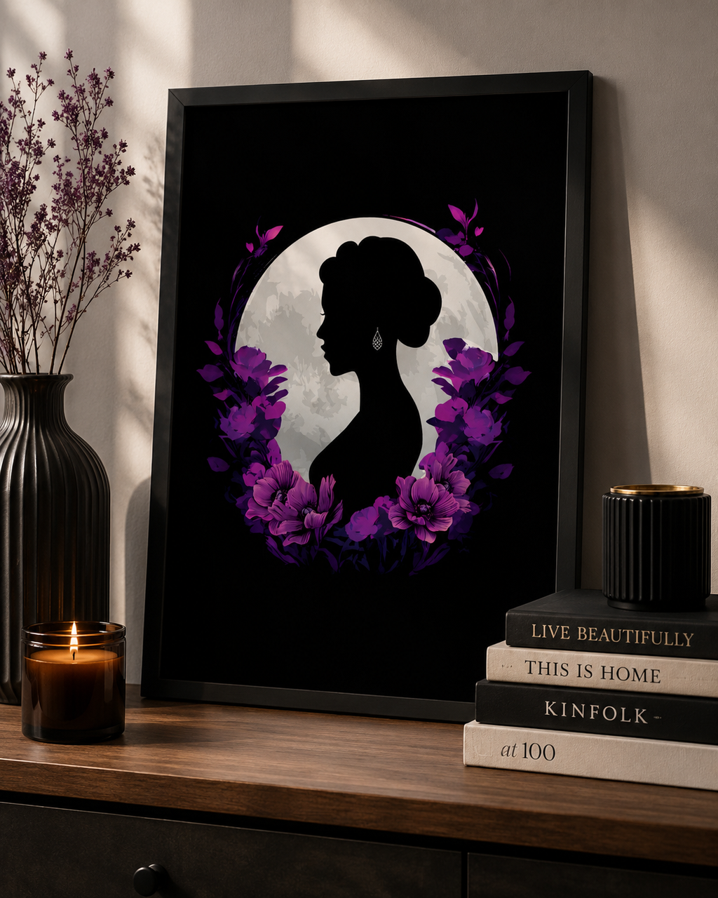 Silhouette Woman Wall Art | Moon Floral Frame Framed Matte Print 12x16