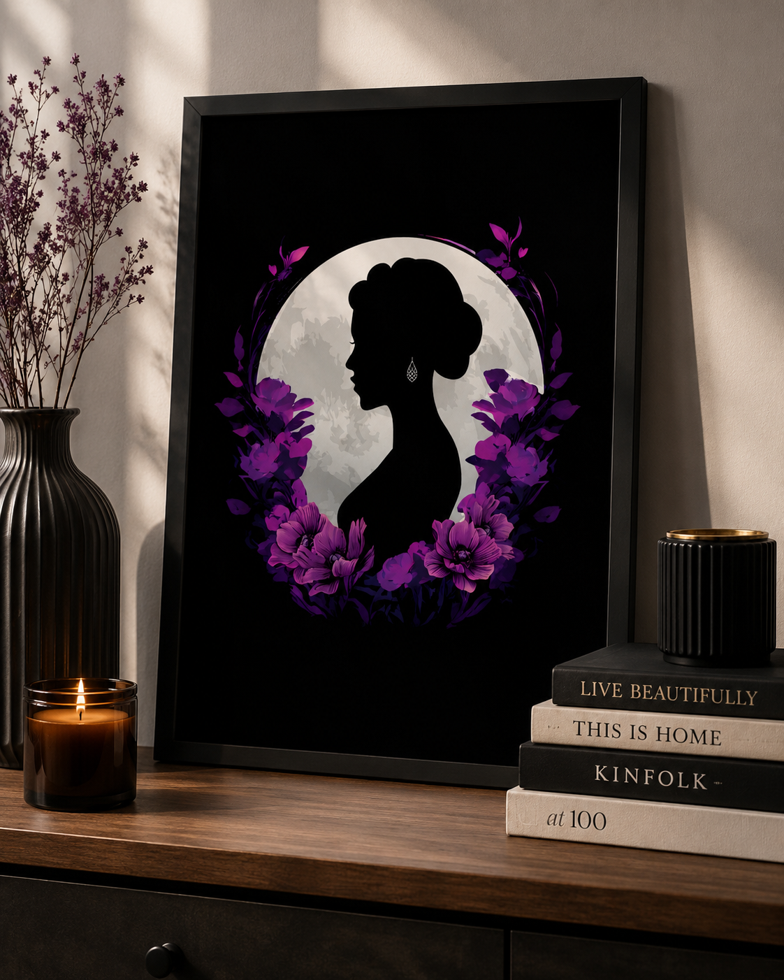 Silhouette Woman Wall Art | Moon Floral Frame Framed Matte Print 12x16
