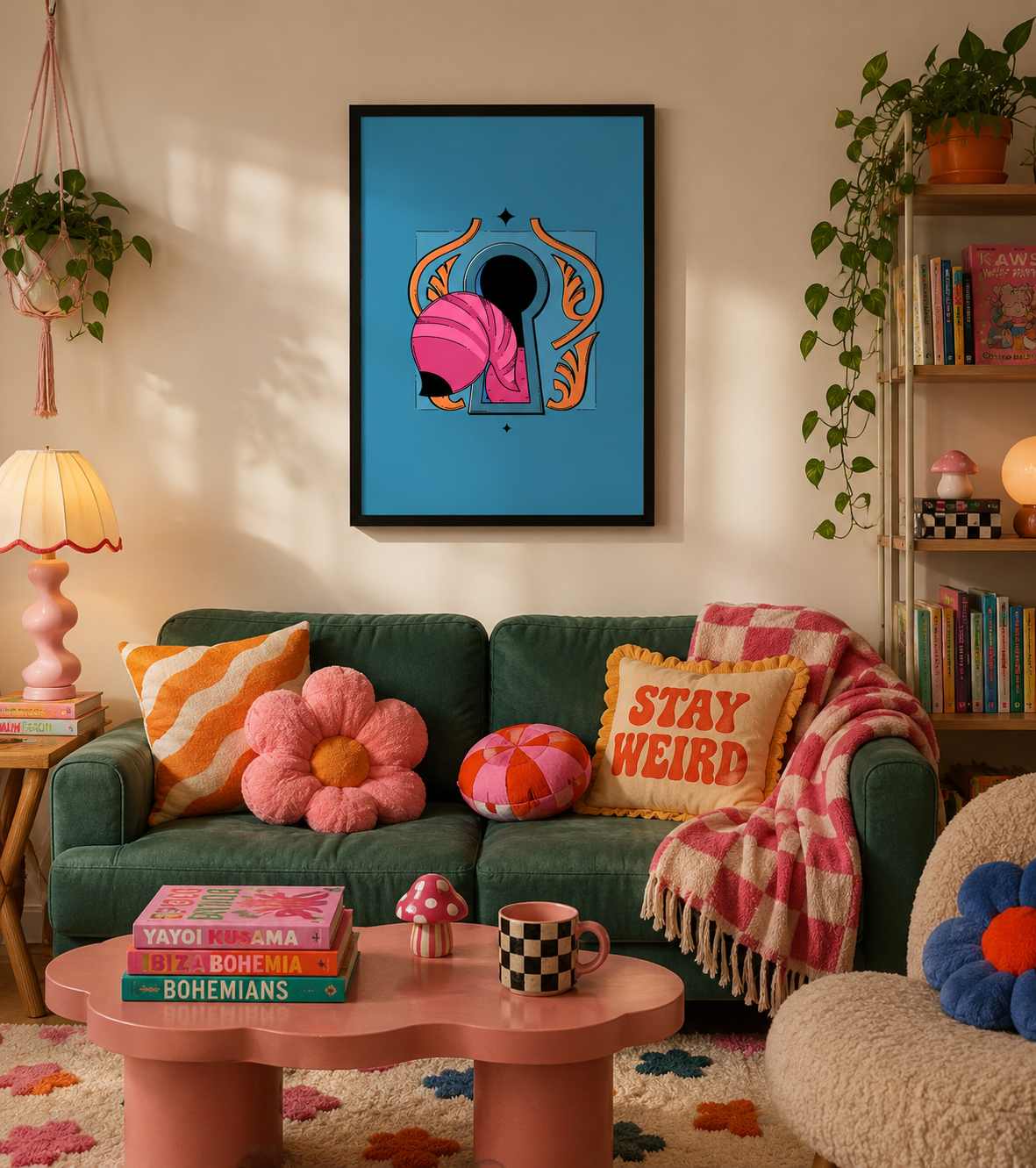 Curious Cat Wall Art | Keyhole Cat Tail Illustration Framed Matte Print 12x16